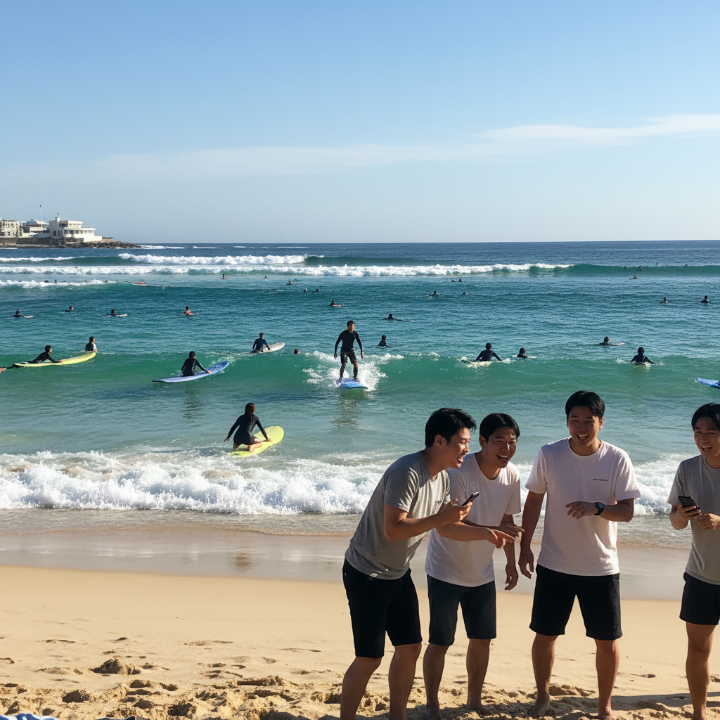 본다이 비치의 푸른 바다와 서퍼들