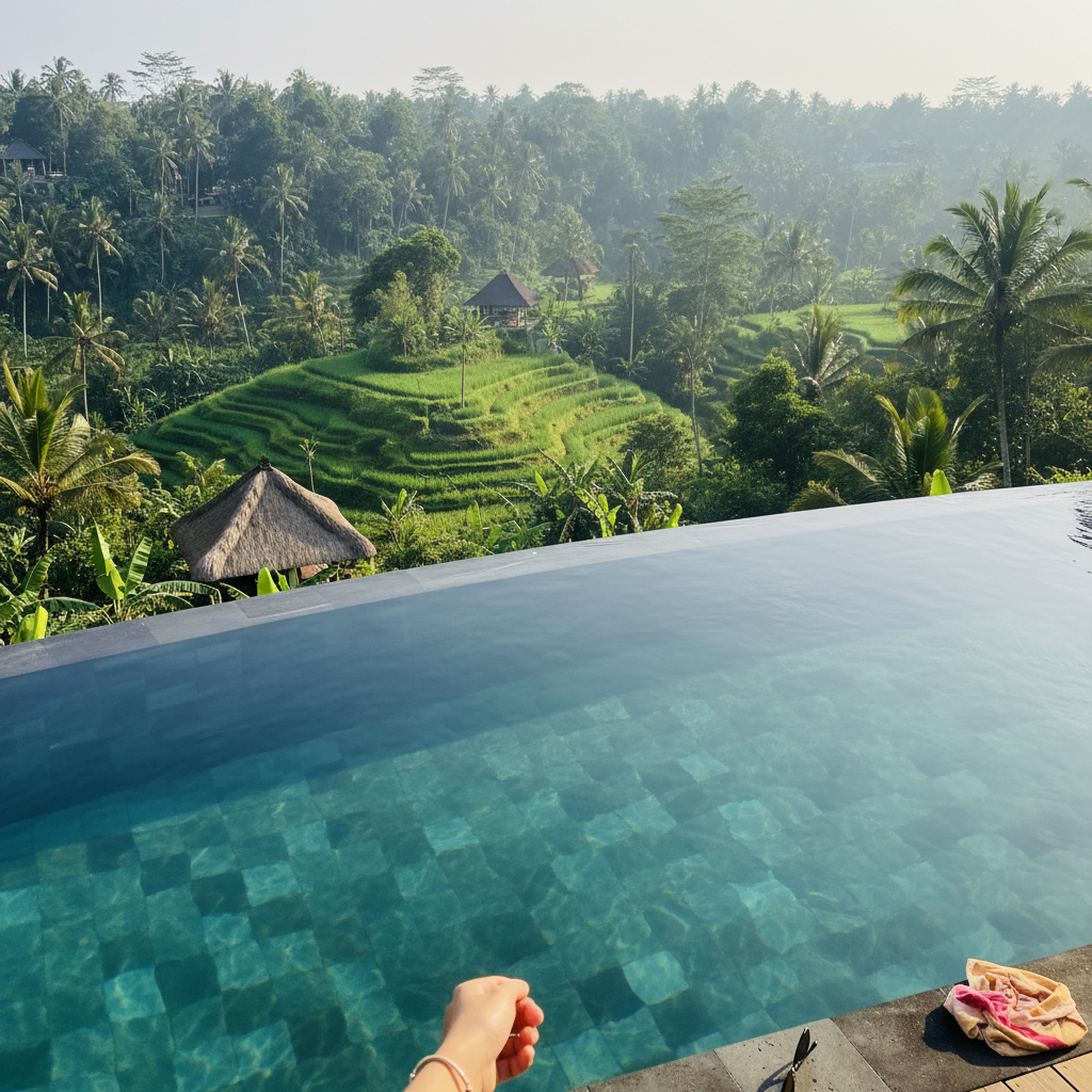 우붓 리조트의 인피니티 풀에서 바라본 울창한 열대 정글과 계단식 논 전경