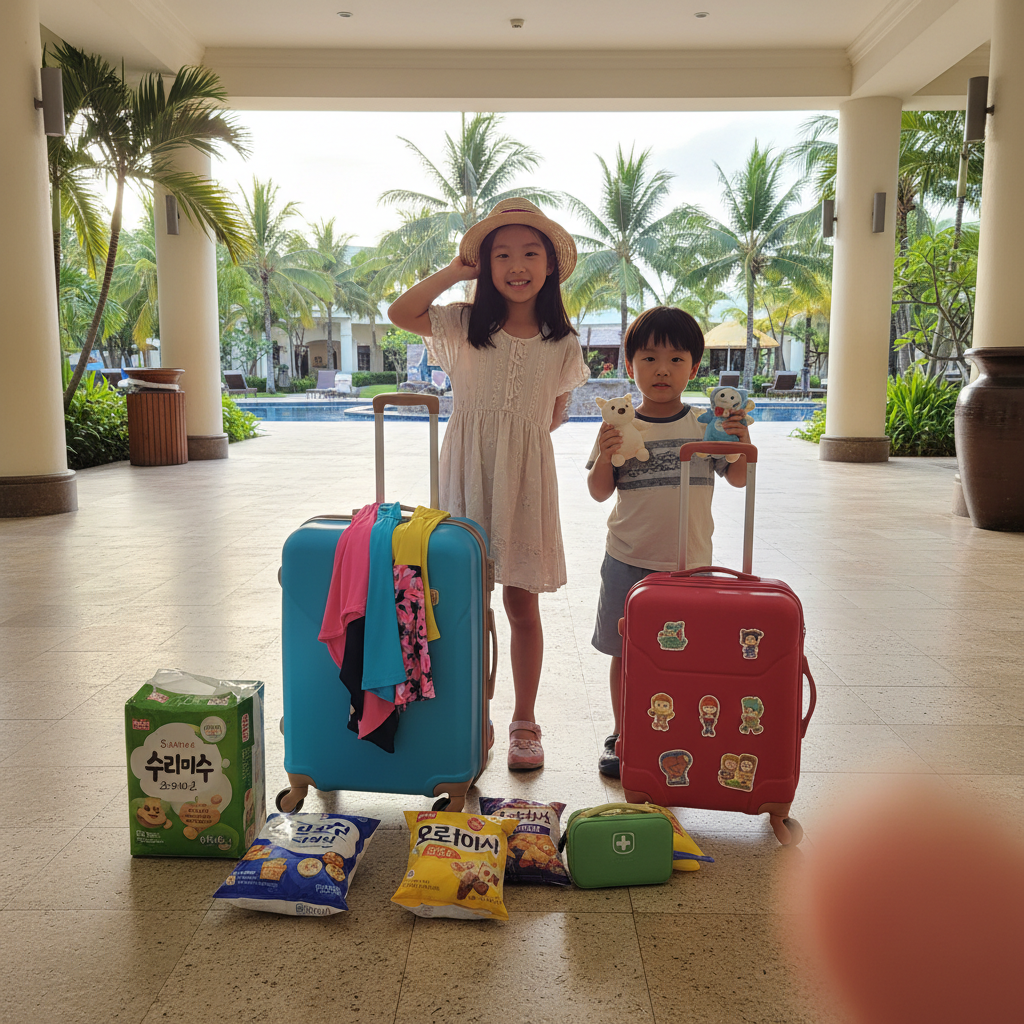 캐리어 앞에서 신나게 포즈를 취하고 있는 아이들