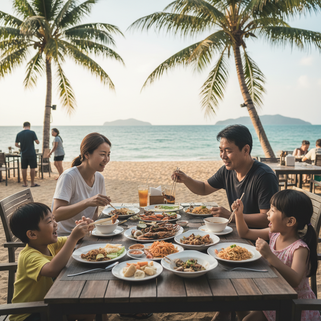 해변 레스토랑에서 식사하는 가족