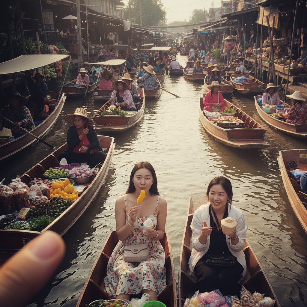 담넌 사두억 수상시장의 활기찬 모습