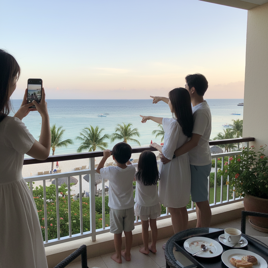 호텔 발코니에서 바다를 바라보는 가족의 모습