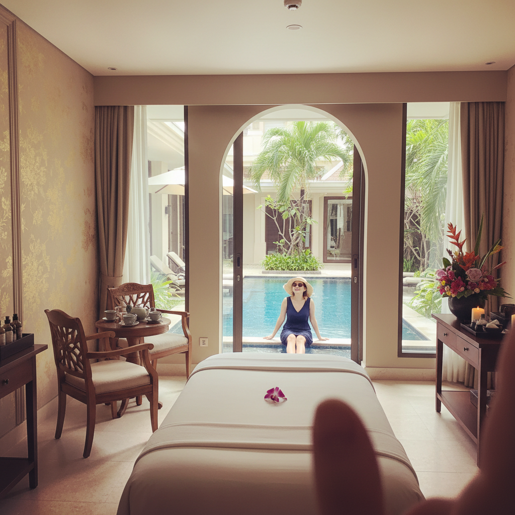 스파 인터컨티넨탈의 럭셔리한 트리트먼트룸과 수영장