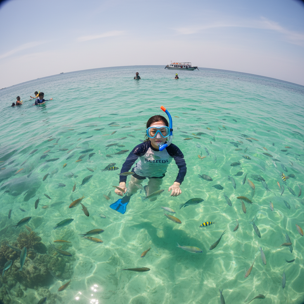 나푸 섬의 투명한 에메랄드빛 바다와 스노클링 하는 모습