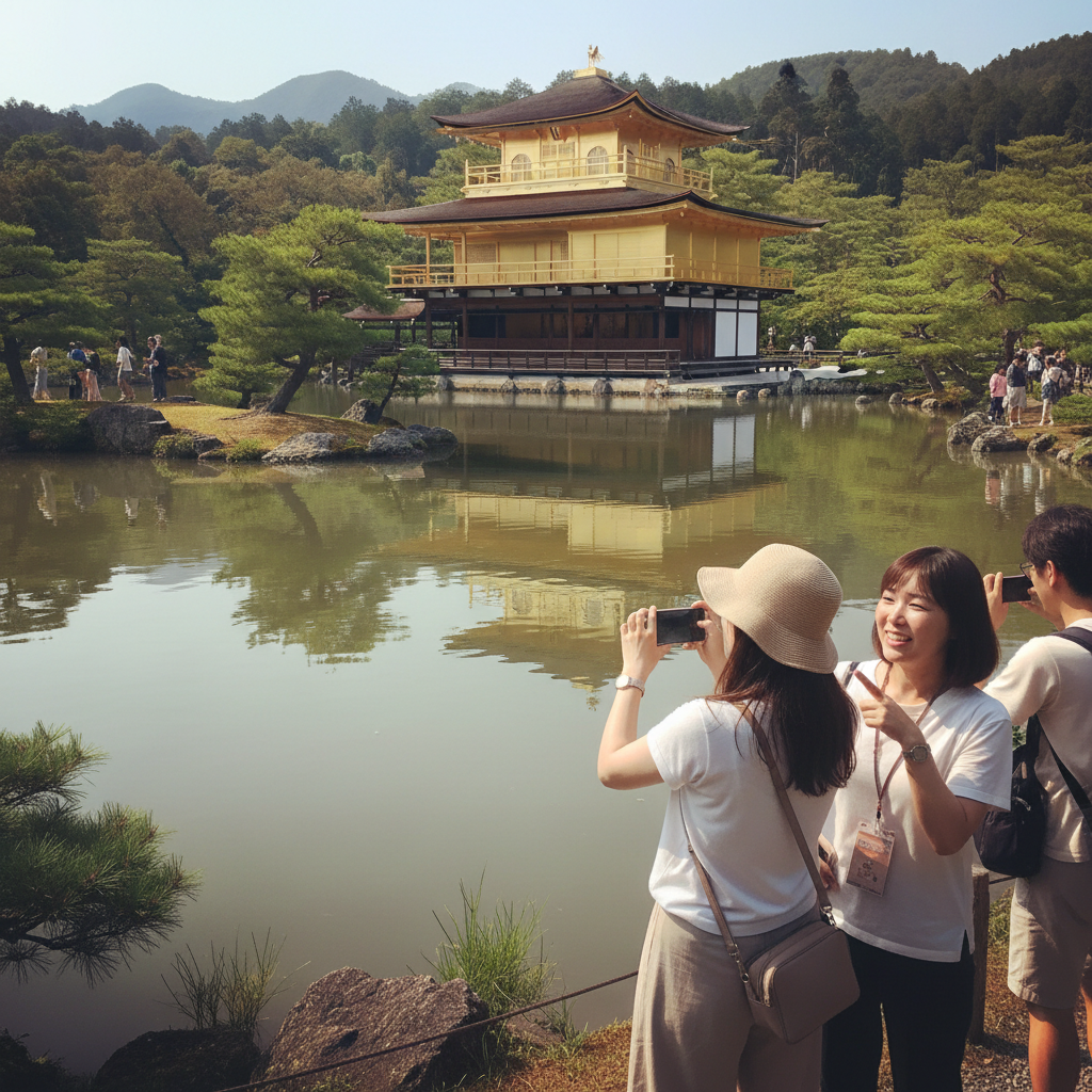 금각사와 연못의 반영이 보이는 전경