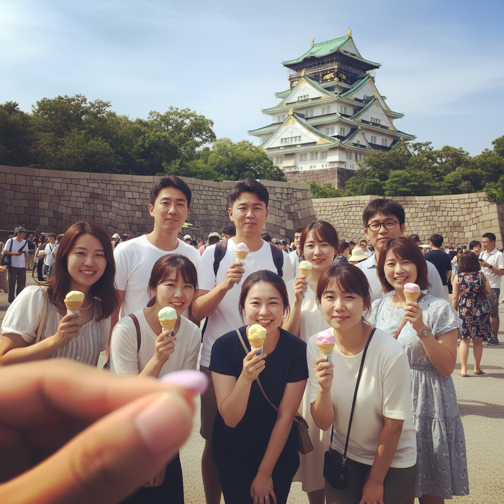 오사카 성 앞에서 찍은 단체 사진