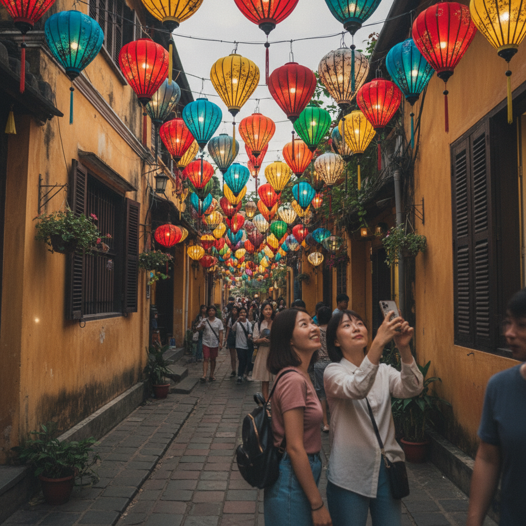 호이안 고대도시의 알록달록한 등불과 골목길
