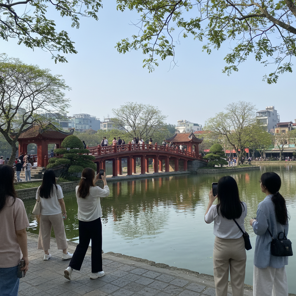 하노이 호안끼엠 호수와 응옥선 사당으로 이어지는 붉은 다리