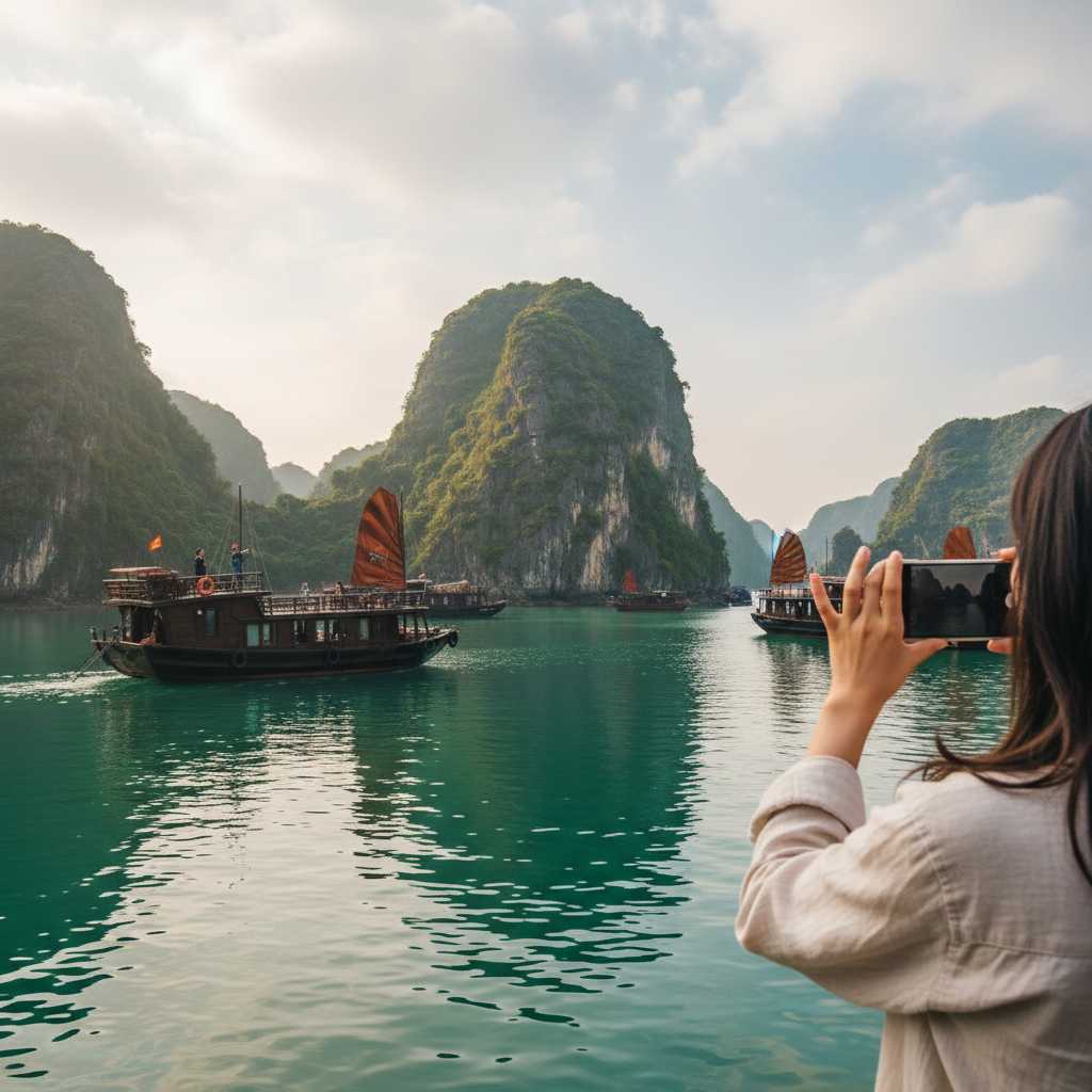 하롱베이의 석회암 카르스트 지형과 에메랄드 빛 바다가 어우러진 전경