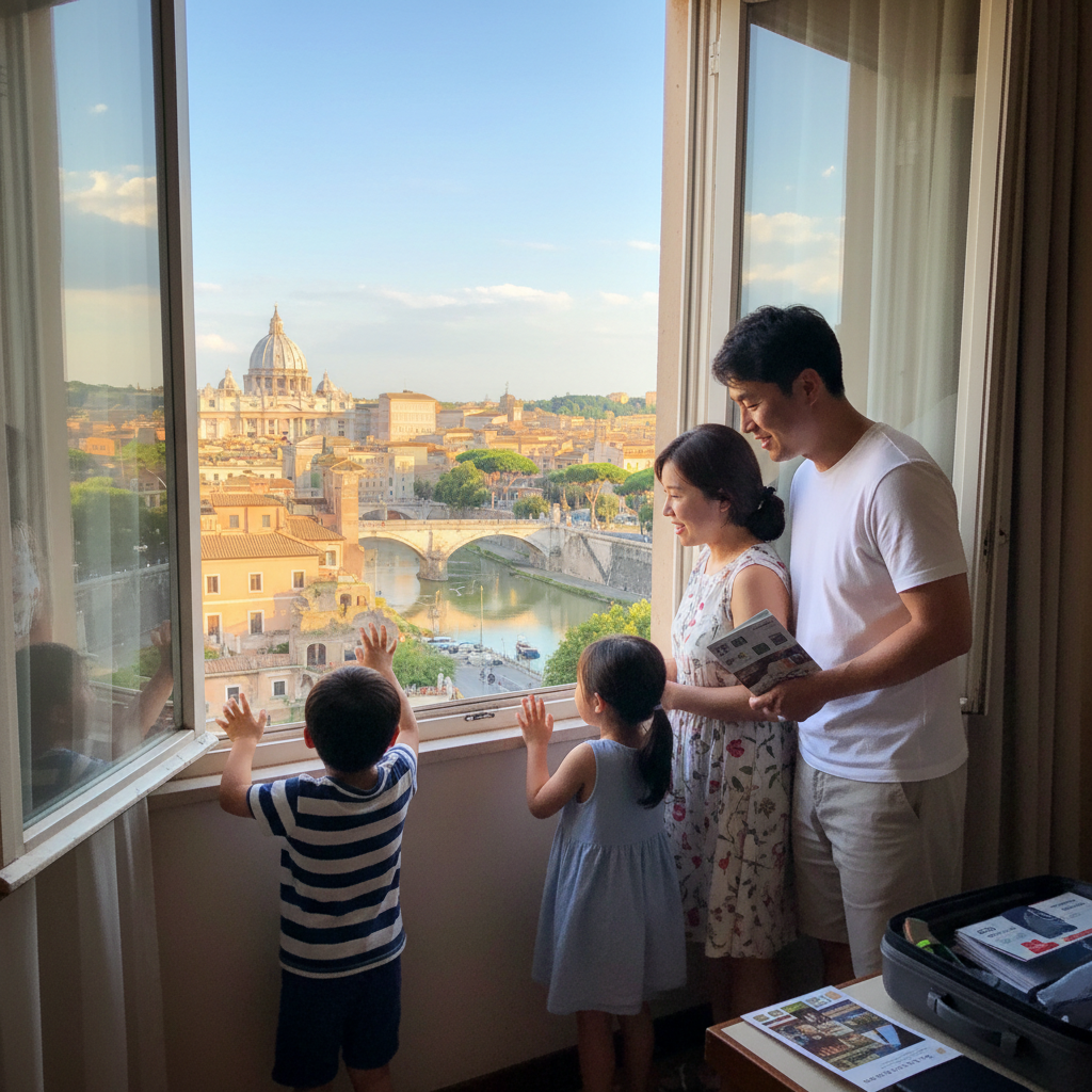 호텔 창문 너머로 로마 시내를 바라보는 가족