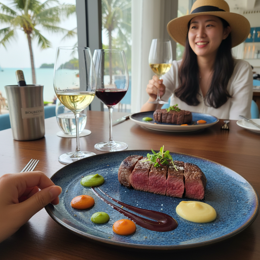 아쿠아 레스토랑의 시그니처 와규 스테이크 플레이팅