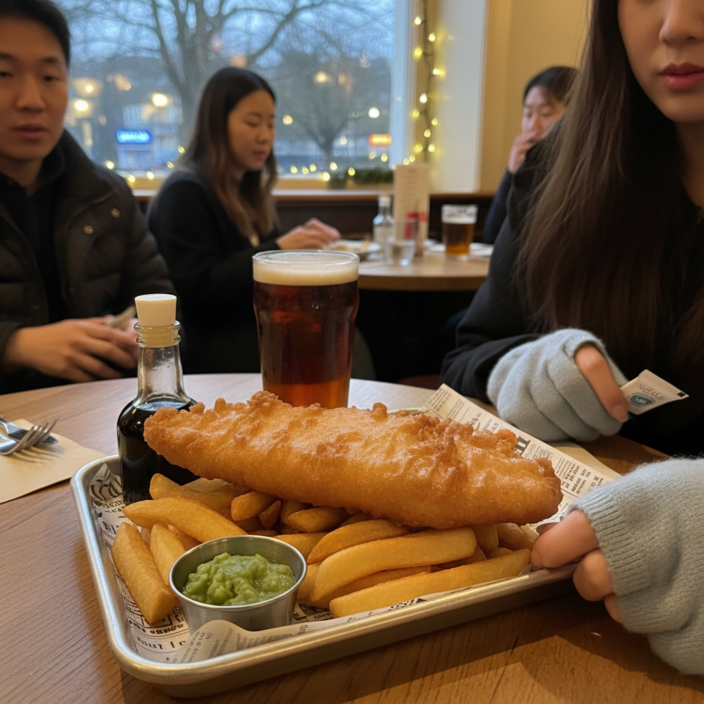 전통 영국식 피쉬앤칩스와 에일 맥주
