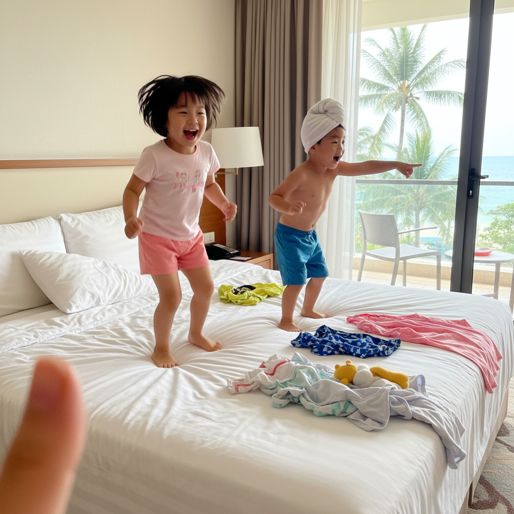 호텔 침대에서 뛰노는 아이들