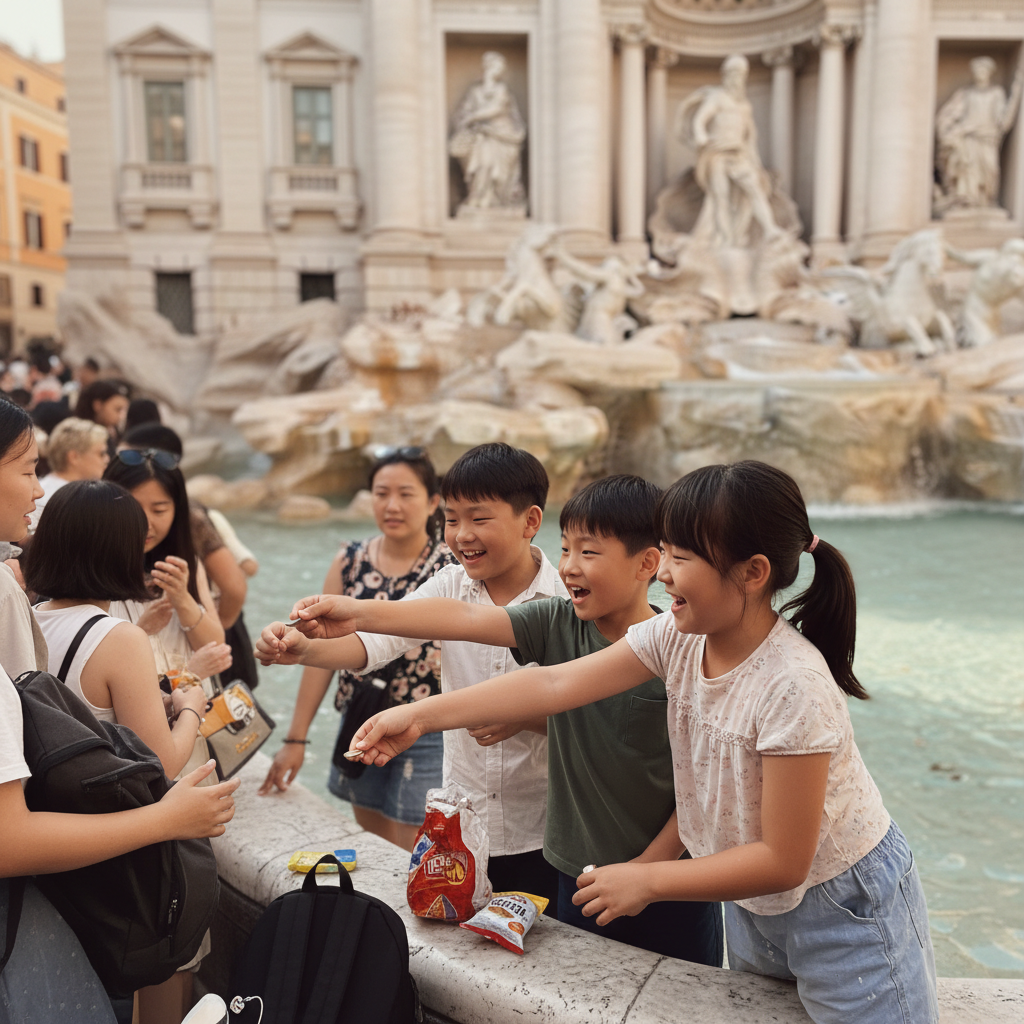 트레비 분수 앞에서 동전을 던지는 아이들