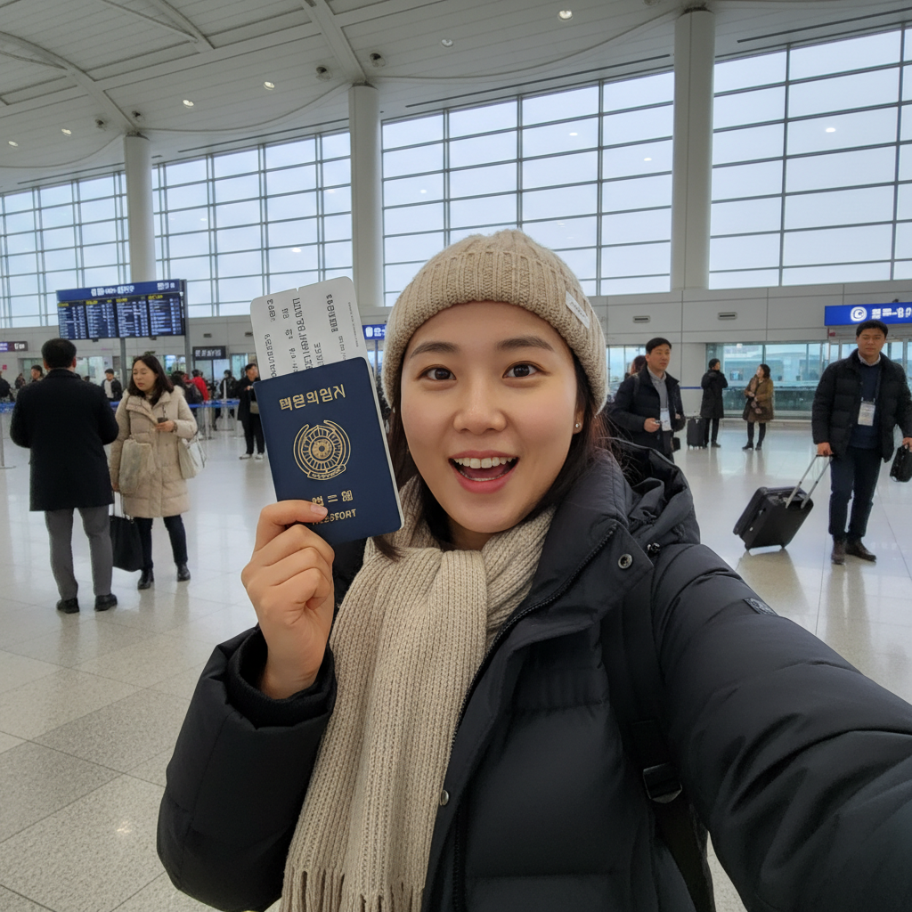 인천공항 출국장에서 여권과 티켓을 들고 찍은 셀카