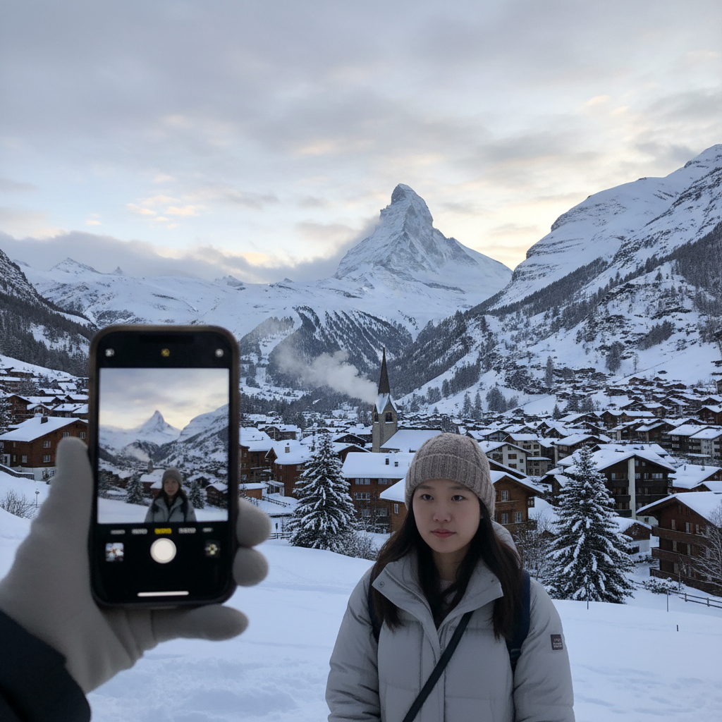 마터호른 산이 보이는 체르마트 마을의 겨울 풍경