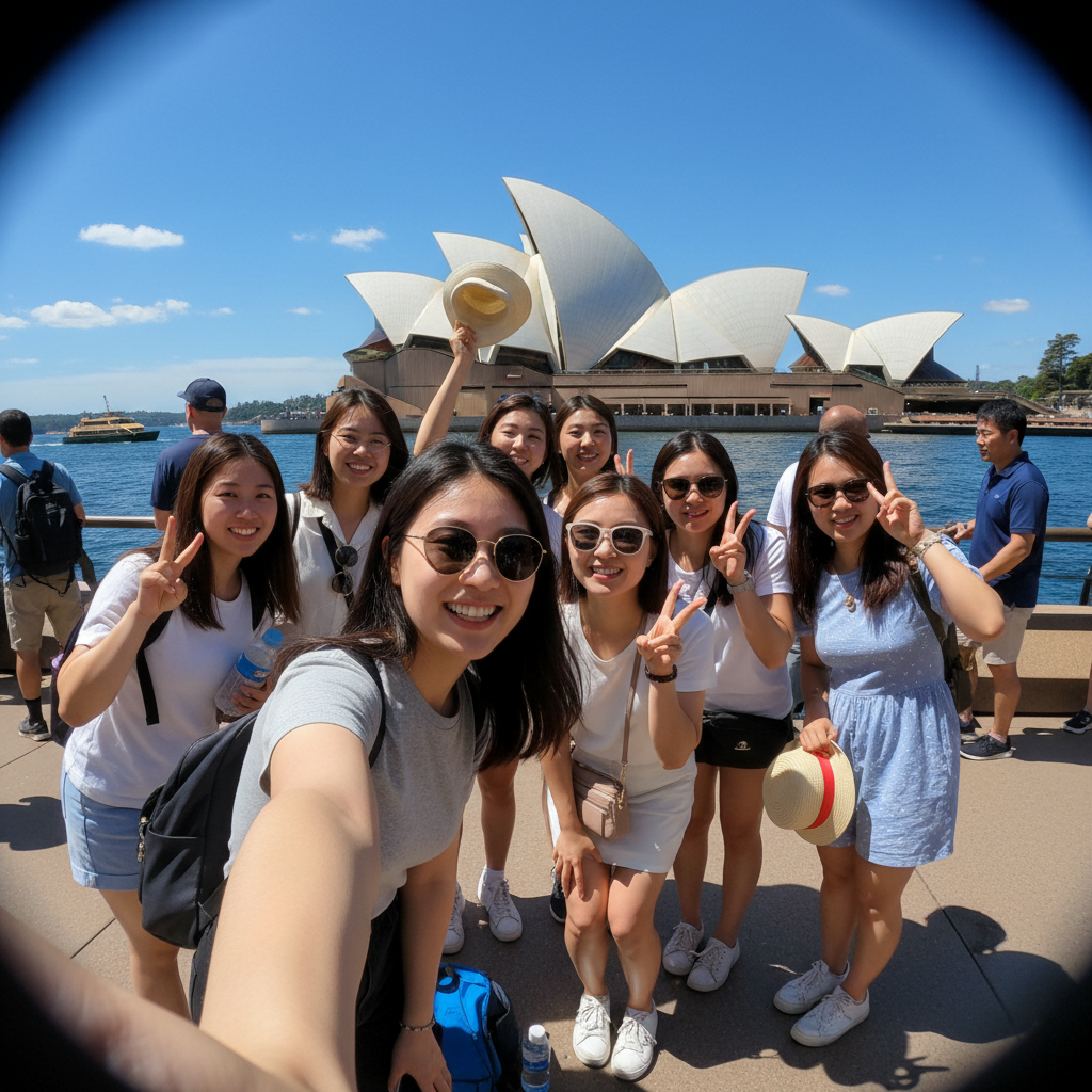 시드니 오페라 하우스 앞에서 찍은 단체 사진