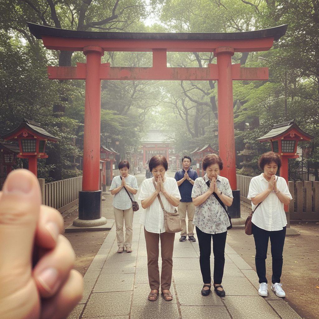 이쿠다신사의 붉은 도리이 문과 기도하는 현지인들