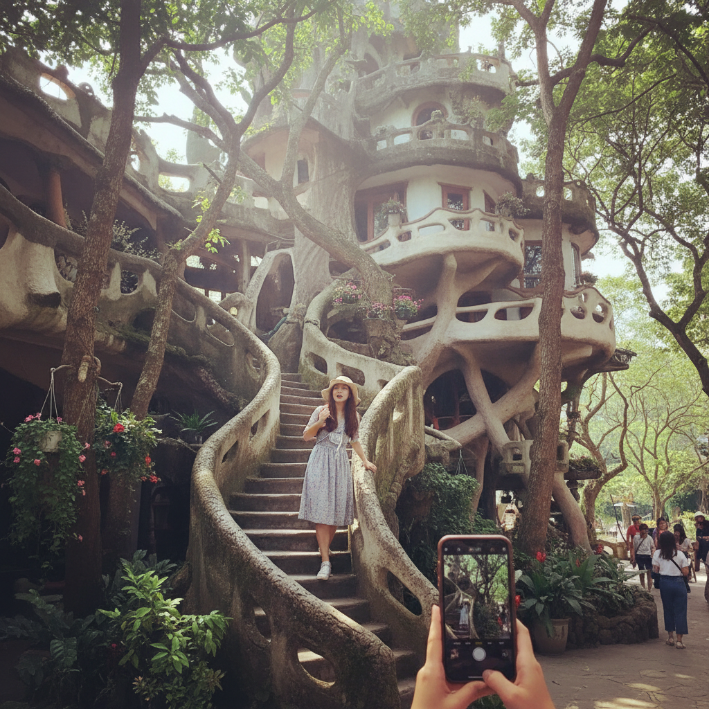 달랏의 크레이지 하우스의 독특한 건축물과 내부 계단