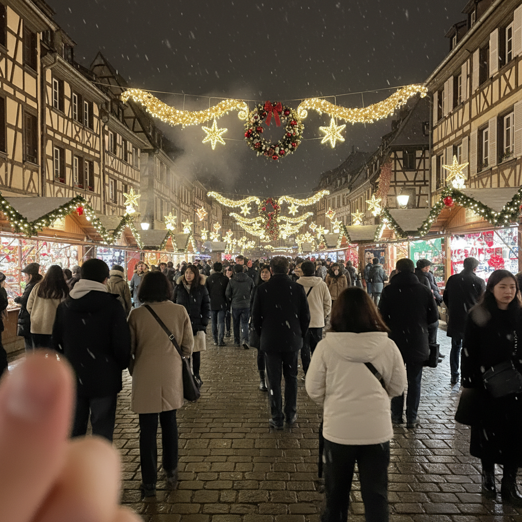 스트라스부르 크리스마스 마켓의 야경과 화려한 장식들