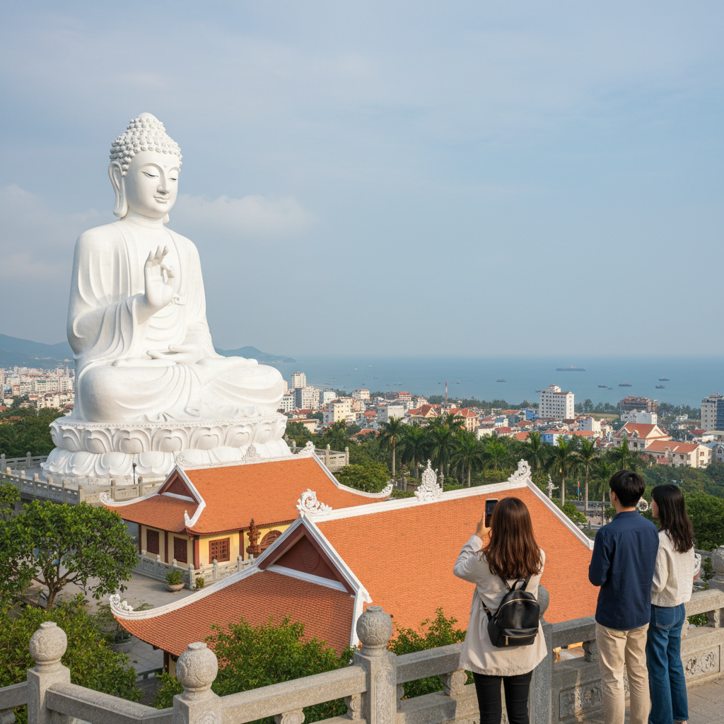 롱선 사원의 거대한 하얀 부처님 상과 나트랑 시내 전경