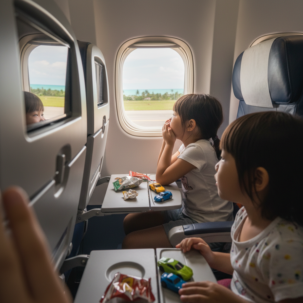 비행기에서 창밖을 구경하는 아이들
