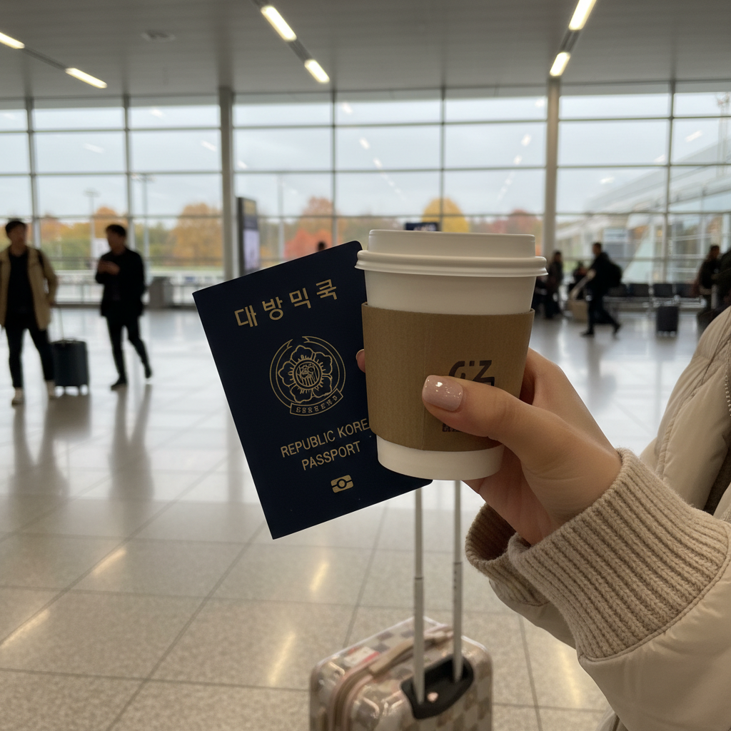 프랑크푸르트 공항에서 찍은 출국 사진, 커피 한 잔과 여권을 들고 있는 모습