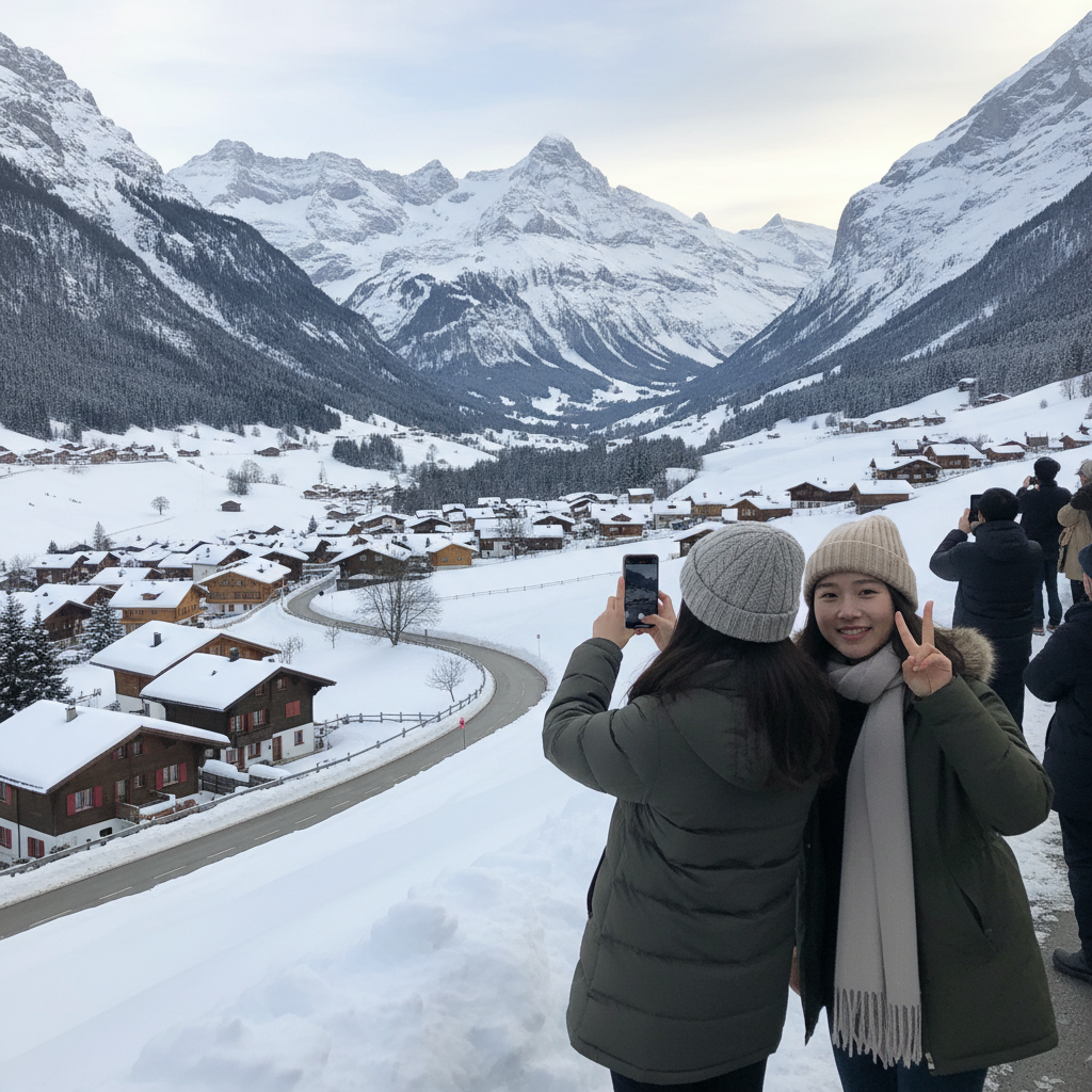 눈 덮인 알프스 산맥과 스위스 전경
