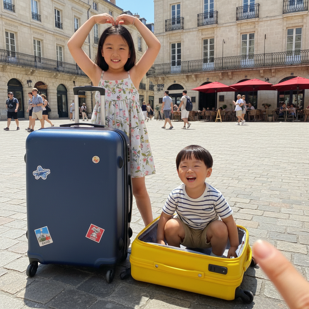 캐리어 옆에서 신나게 포즈를 취하는 아이들