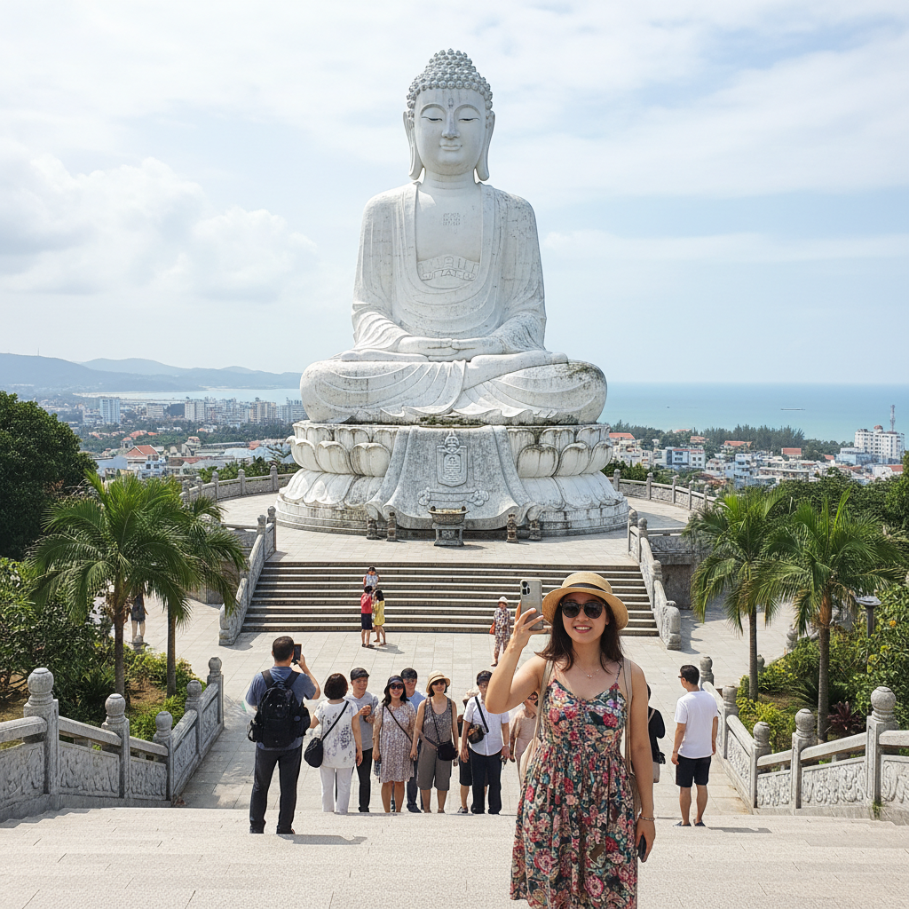 롱손사의 거대한 하얀 좌불상과 그 앞에 서 있는 여행객들