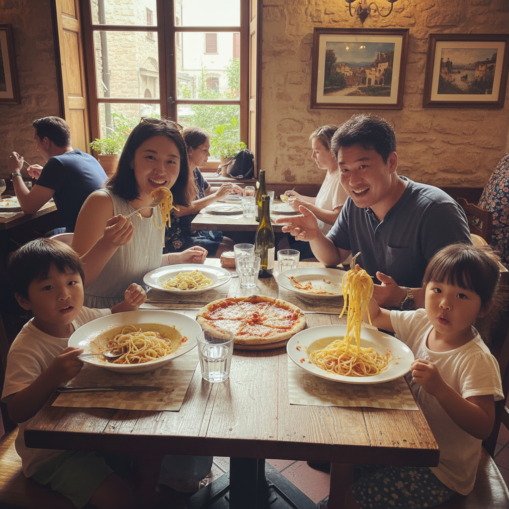 이탈리아 레스토랑에서 파스타를 맛있게 먹는 가족