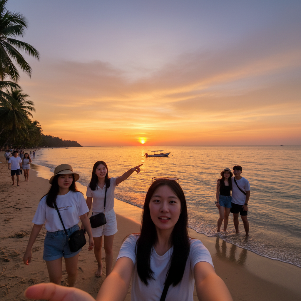 탄중아루 비치의 황금빛 일몰 풍경