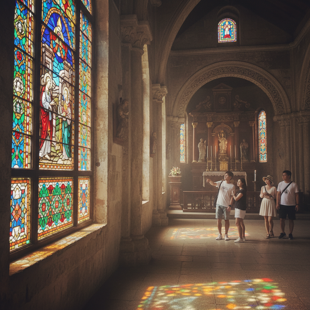 시마라 교회의 아름다운 내부와 스테인드글라스
