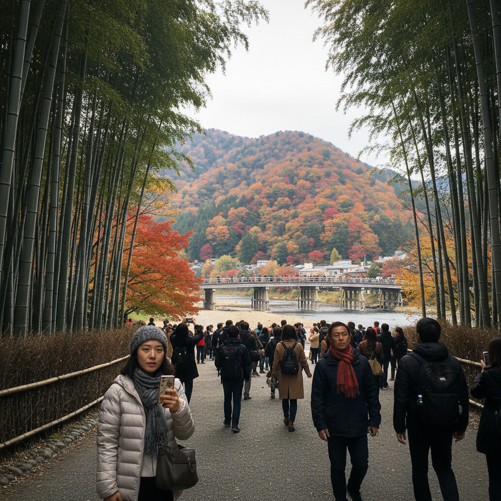 아라시야마 대나무 숲과 도게츠교의 가을 풍경