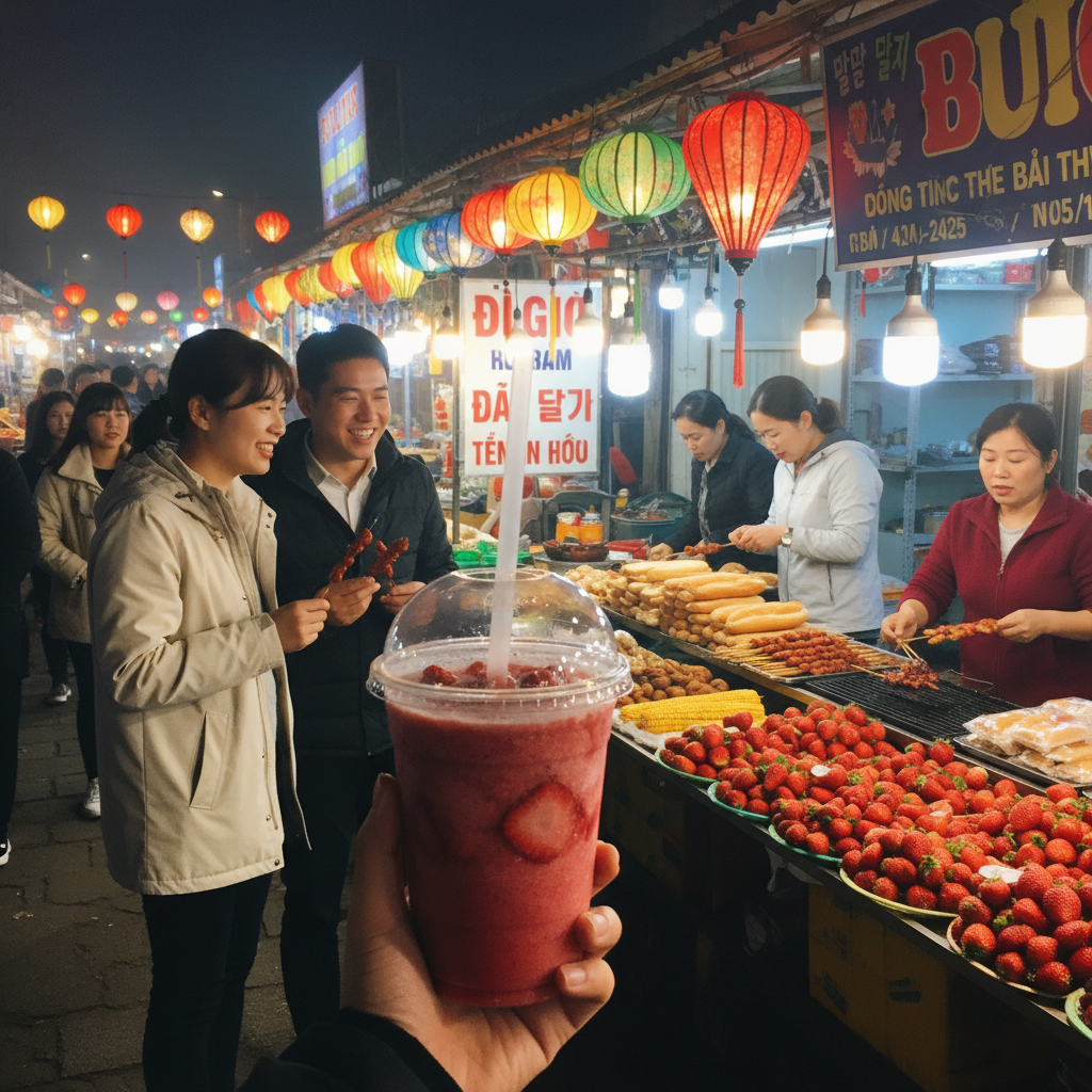 달랏 야시장의 화려한 조명과 다양한 음식 노점
