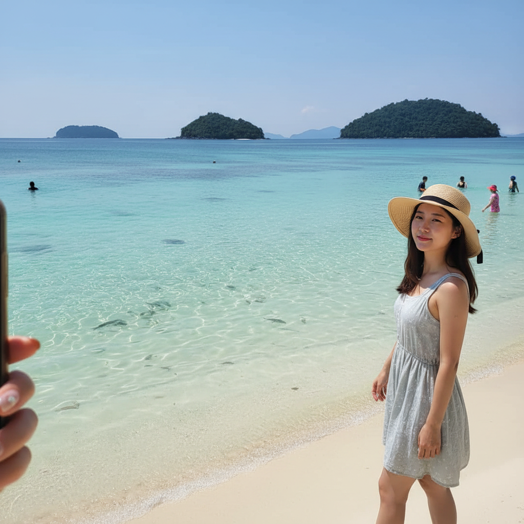 맑은 청록색 바다와 하얀 모래사장이 있는 툰구 압둘라만 해양공원