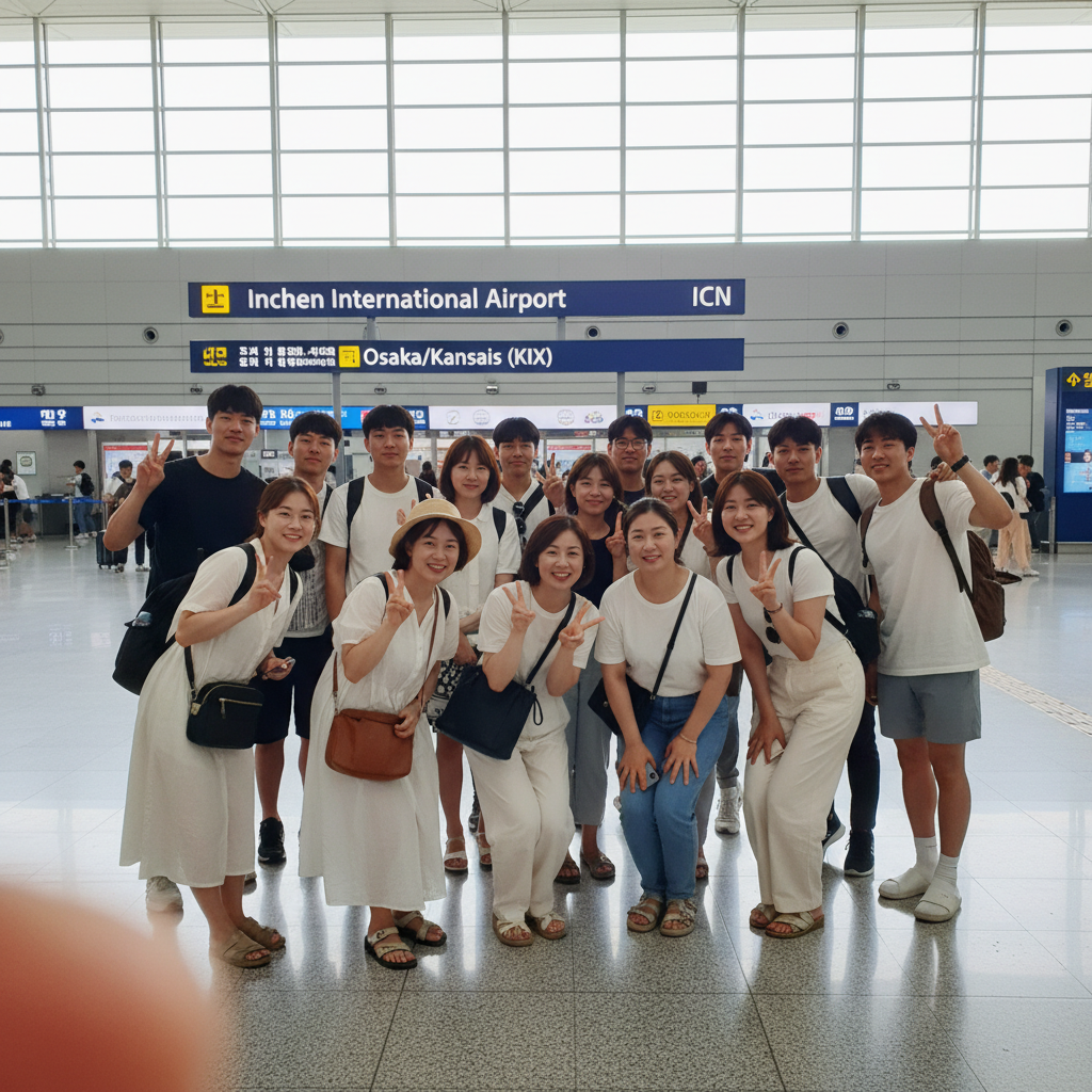 인천공항 출국장 앞에서 찍은 단체 사진