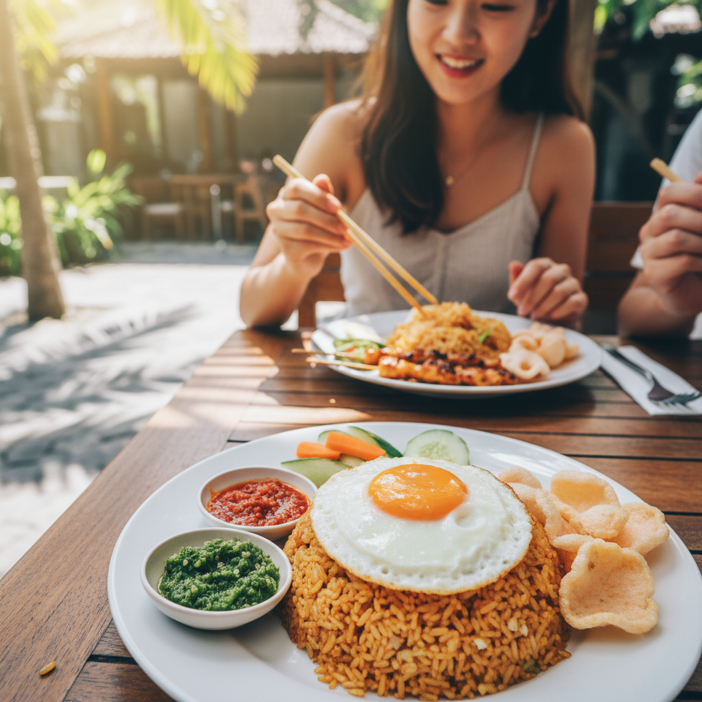 화려한 색감의 나시 고렝, 볶음밥 위에 올려진 계란 프라이와 다양한 반찬들