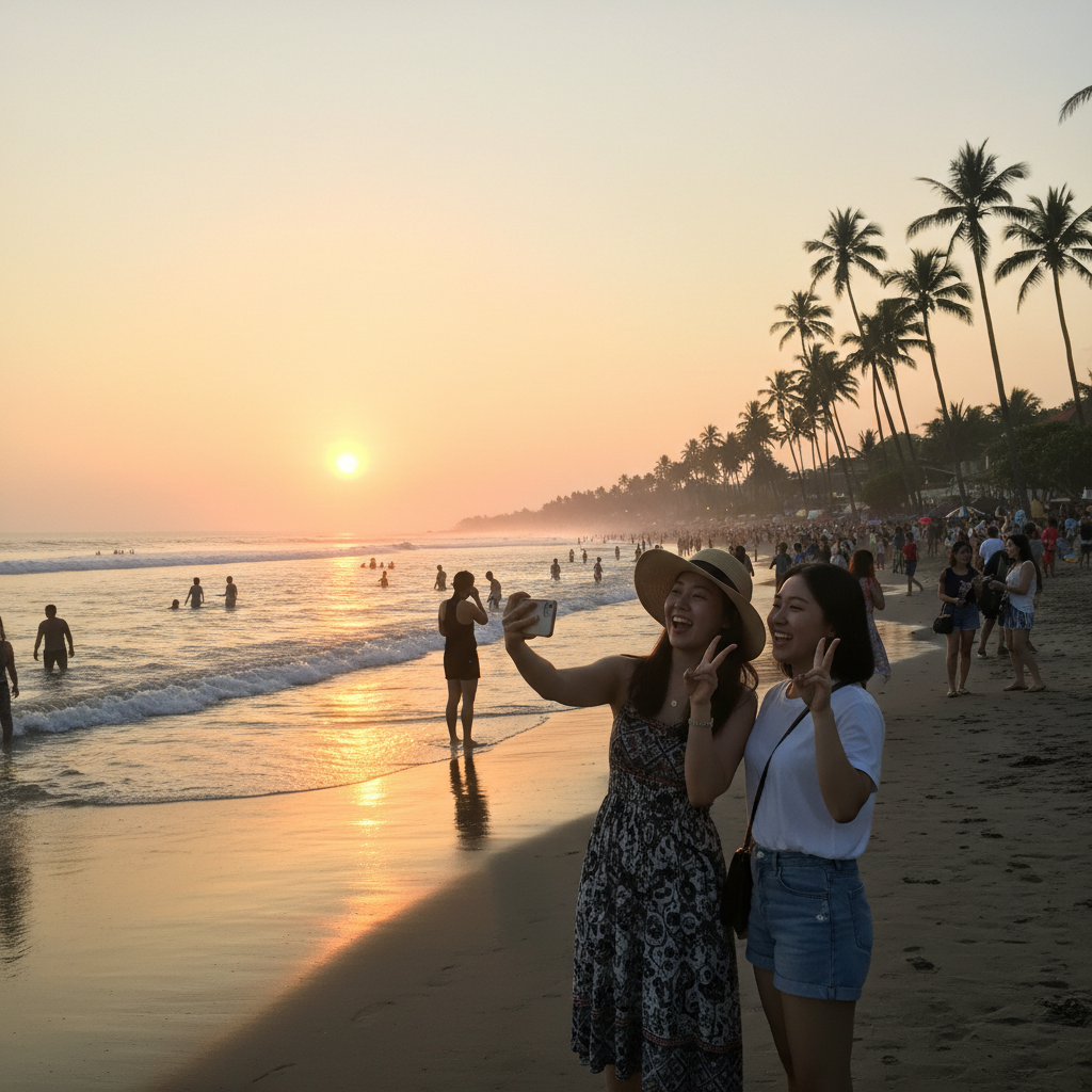 발리 쿠타 해변의 황금빛 일몰과 야자수가 늘어선 전경