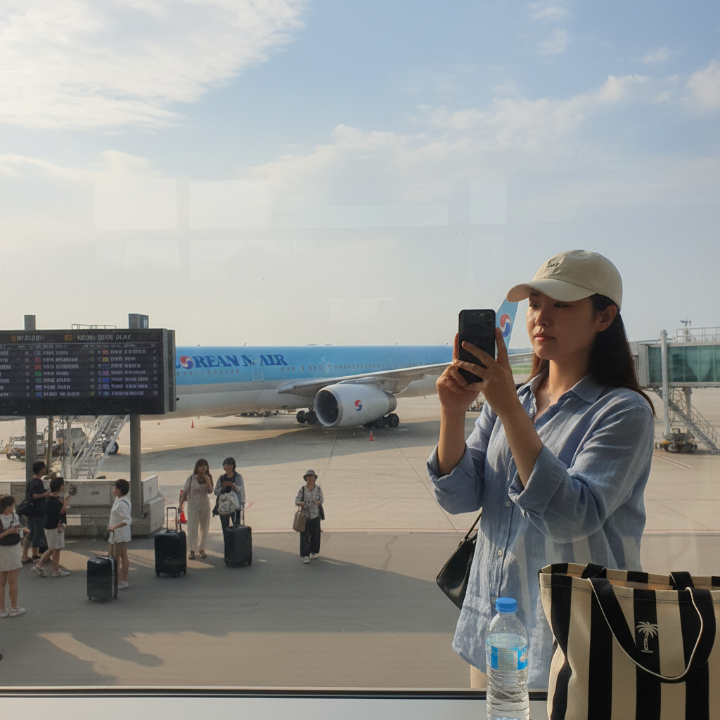 인천공항에서 출발 전 창가에 비친 비행기 모습