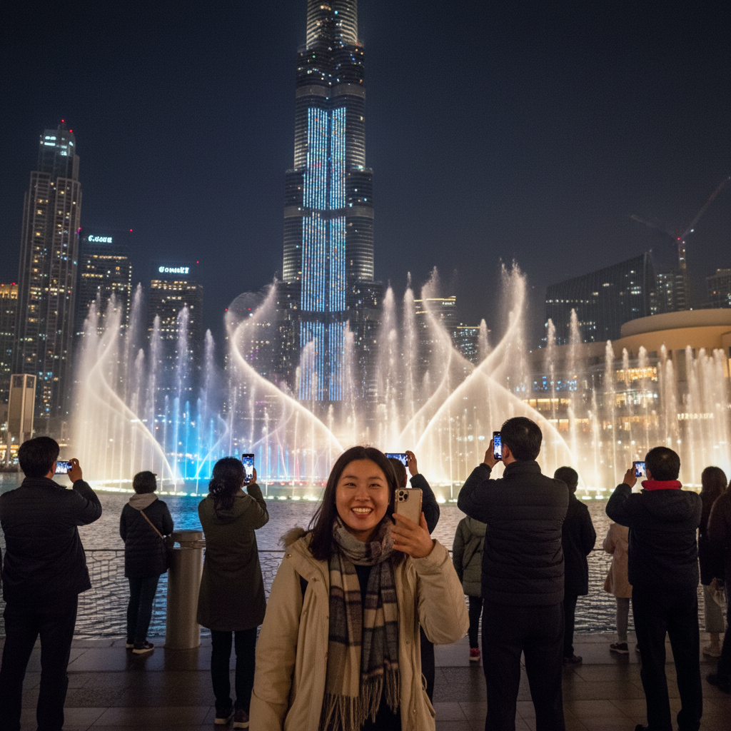 두바이 몰 앞 분수쇼의 화려한 야경