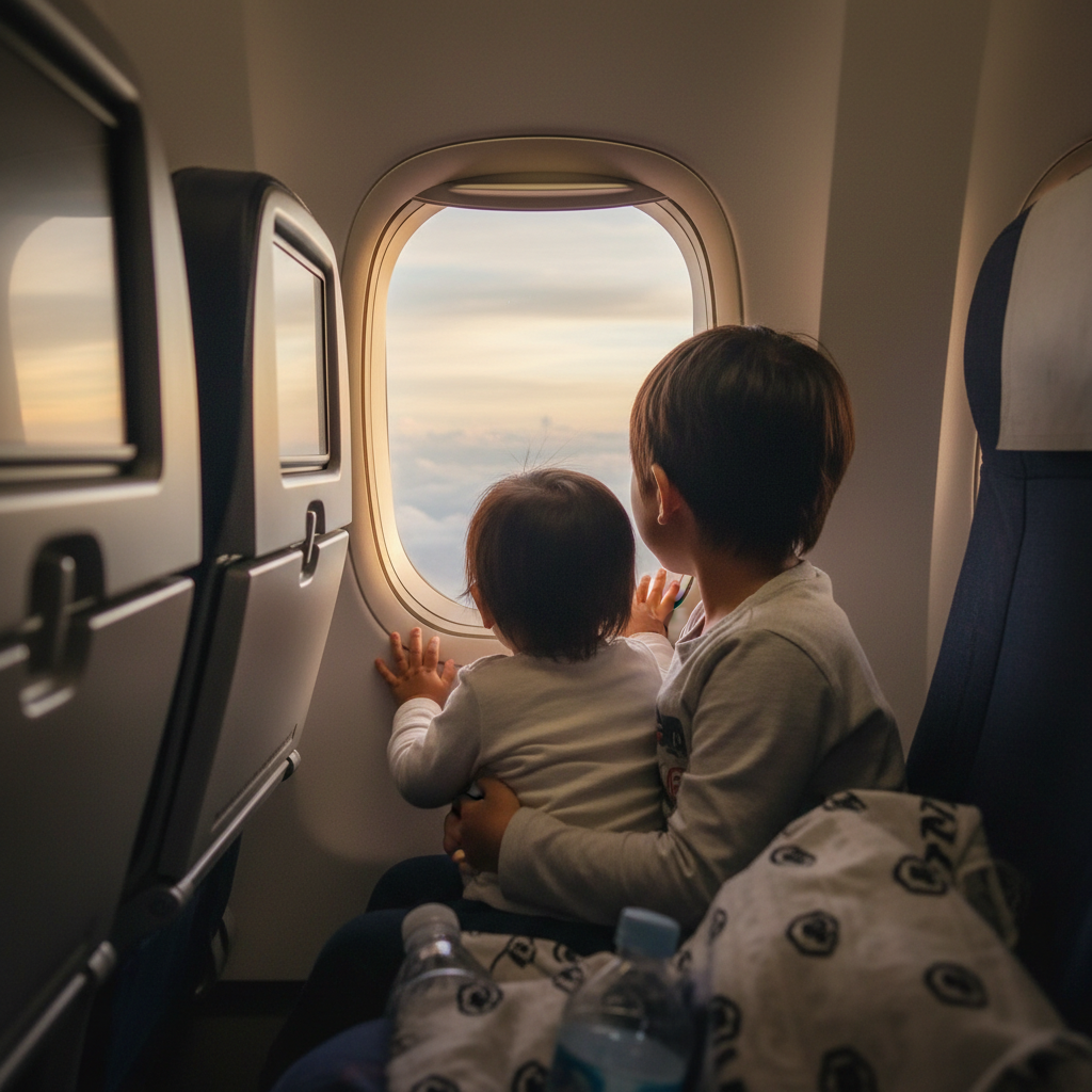 비행기 창가에서 하늘을 바라보는 아이들의 뒷모습