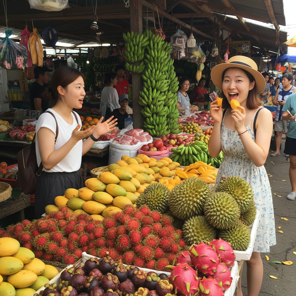 현지 시장에서 판매 중인 다양한 열대 과일들