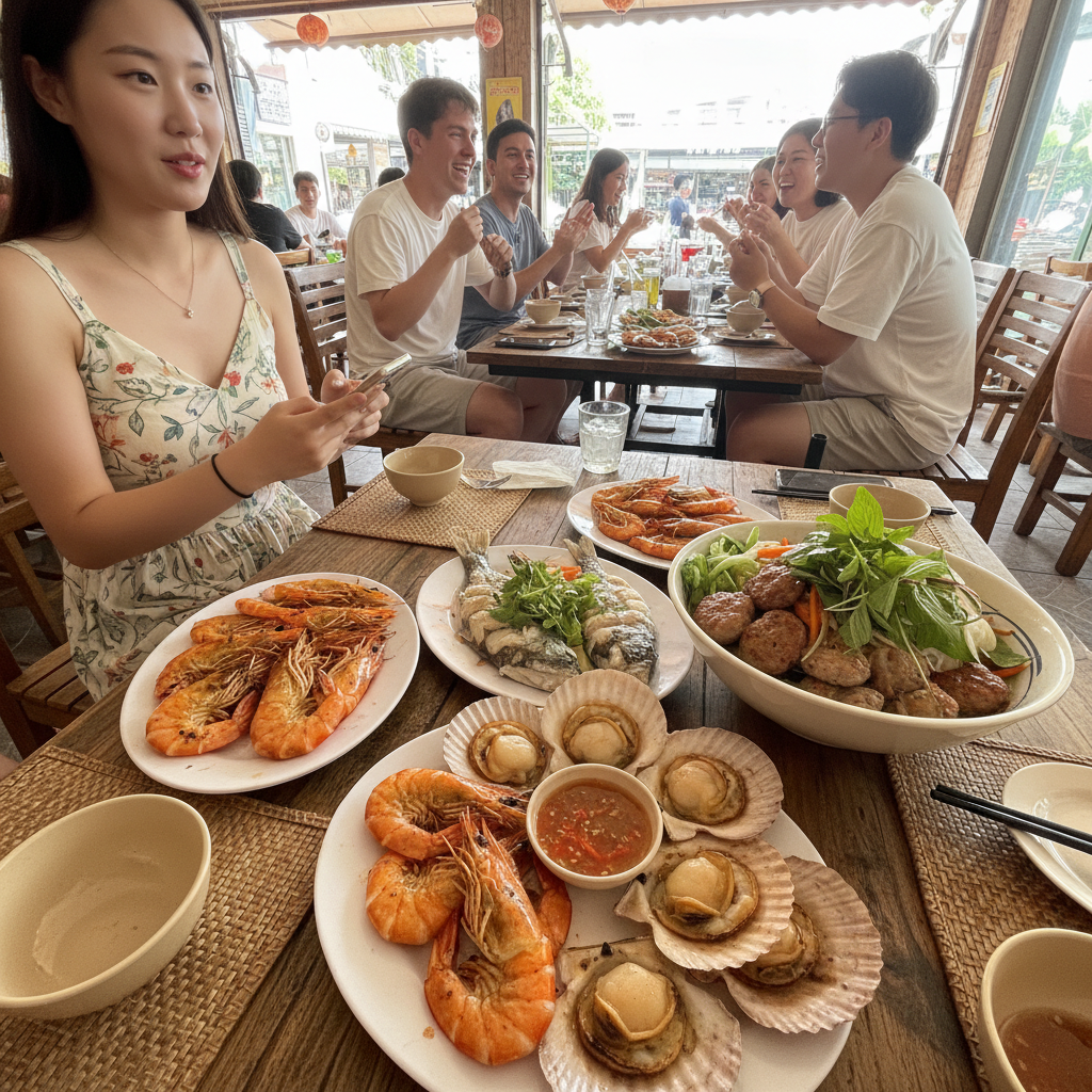현지 식당에서 먹은 다양한 해산물과 분짜 요리