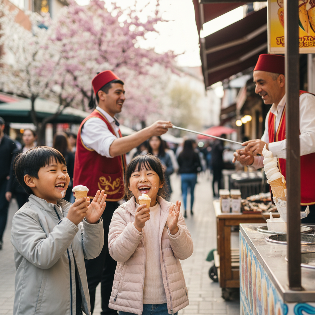 터키 아이스크림을 먹으며 즐거워하는 아이들
