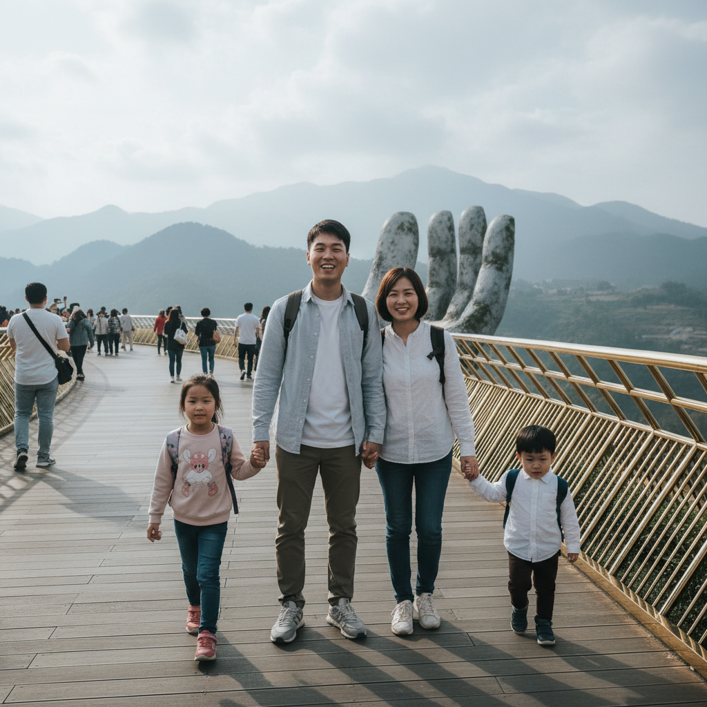 골든브릿지 위에서 포즈를 취하는 가족