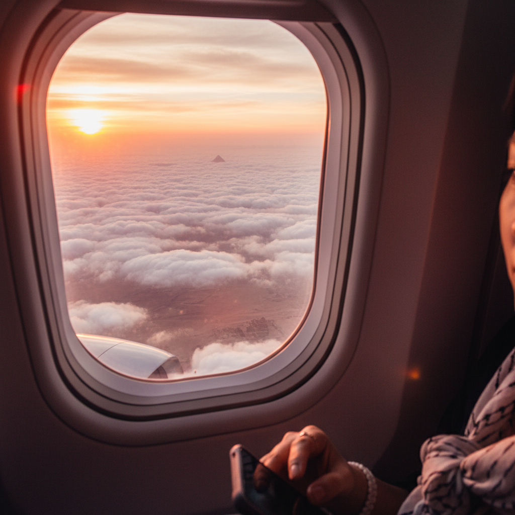 비행기 창문 너머로 보이는 구름과 석양