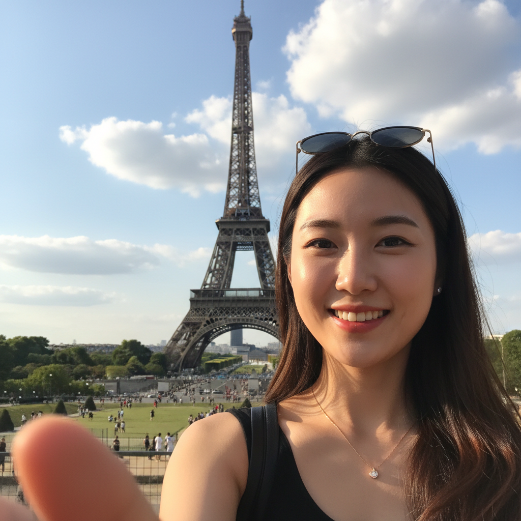 에펠탑 전경과 함께 찍은 셀카