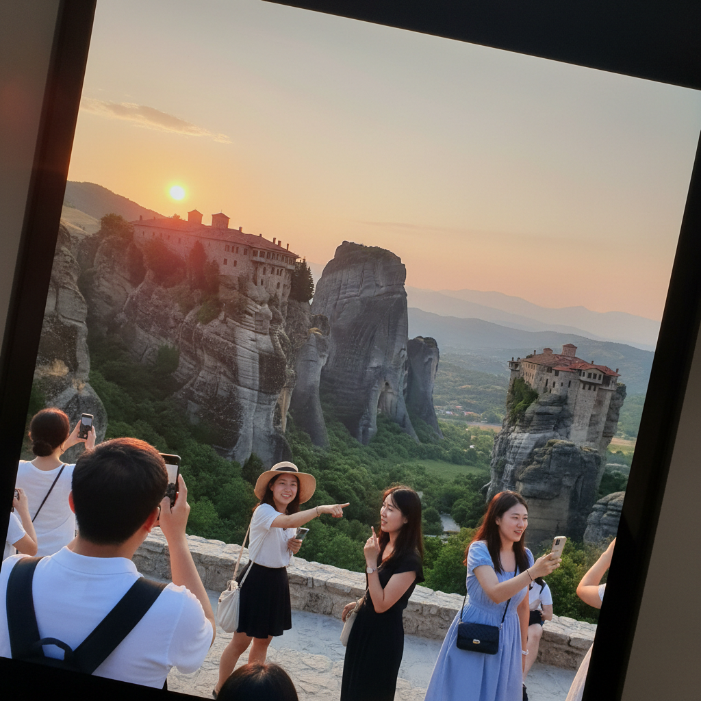 메테오라의 절벽 위 수도원과 일몰