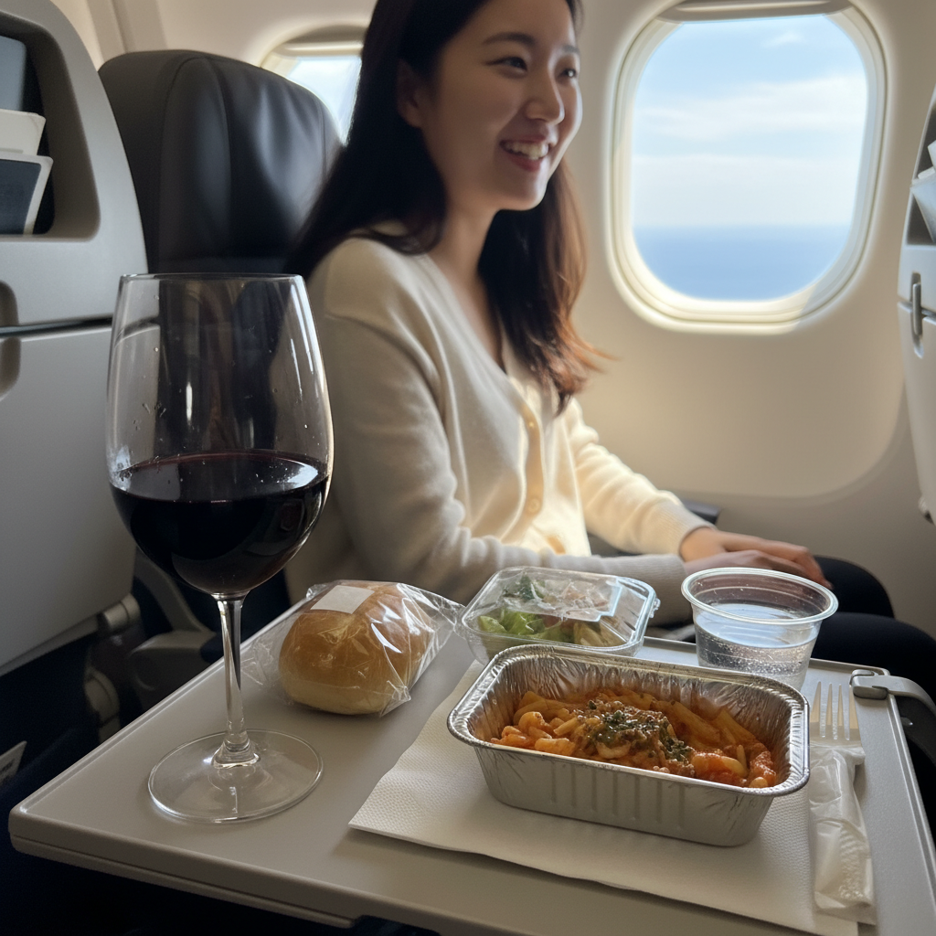 기내에서 찍은 와인과 기내식